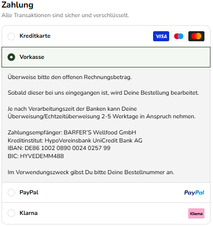 Zahlungsoption Vorkasse im BARFER'S Checkout